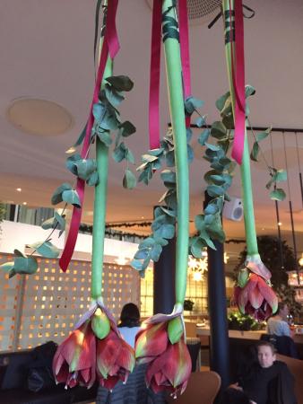 Klipp av amaryllisen, fyll stjälken med vatten och häng upp den med blomman nedåt. Blomstermästare örjan Huhtas råd syns på bilden där tre amaryllisar hänger i röda band.