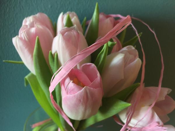 Närbild på en bukett rosa tulpaner som bundits samman av ett rosa band.