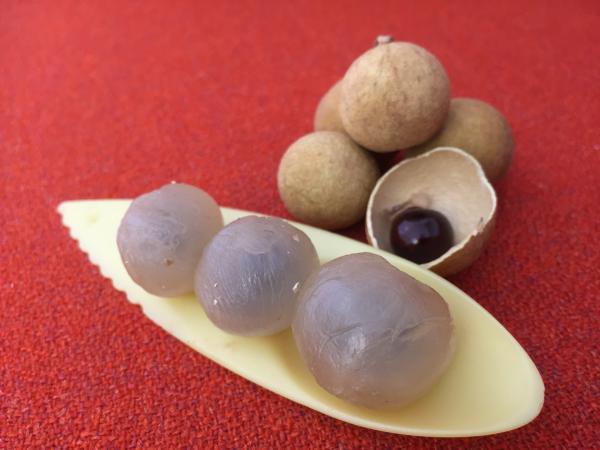 Tre skalade frukter ligger på en sked. I bakgrunden ser man några oskalade frukter och även en mörkbrun kärna som ligger i ett skal.